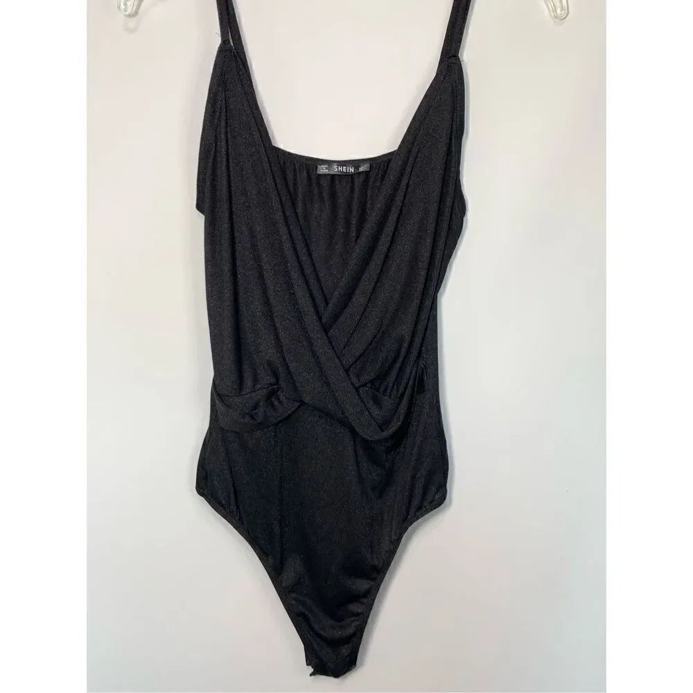 SHEIN Women's Glitter Tank Crisscross Swoop Bodysuit Black Large NWOT